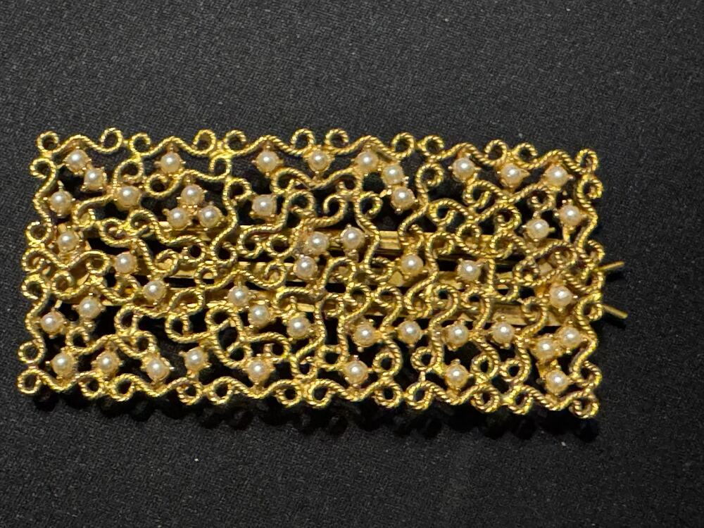 Vintage Gold Tone Filigree Hair Barrette Faux Pearls Mid Century